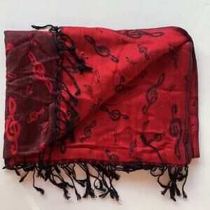 PASHMINA Red/Black Reversible Music Themed Fringed Pashmina Scarf